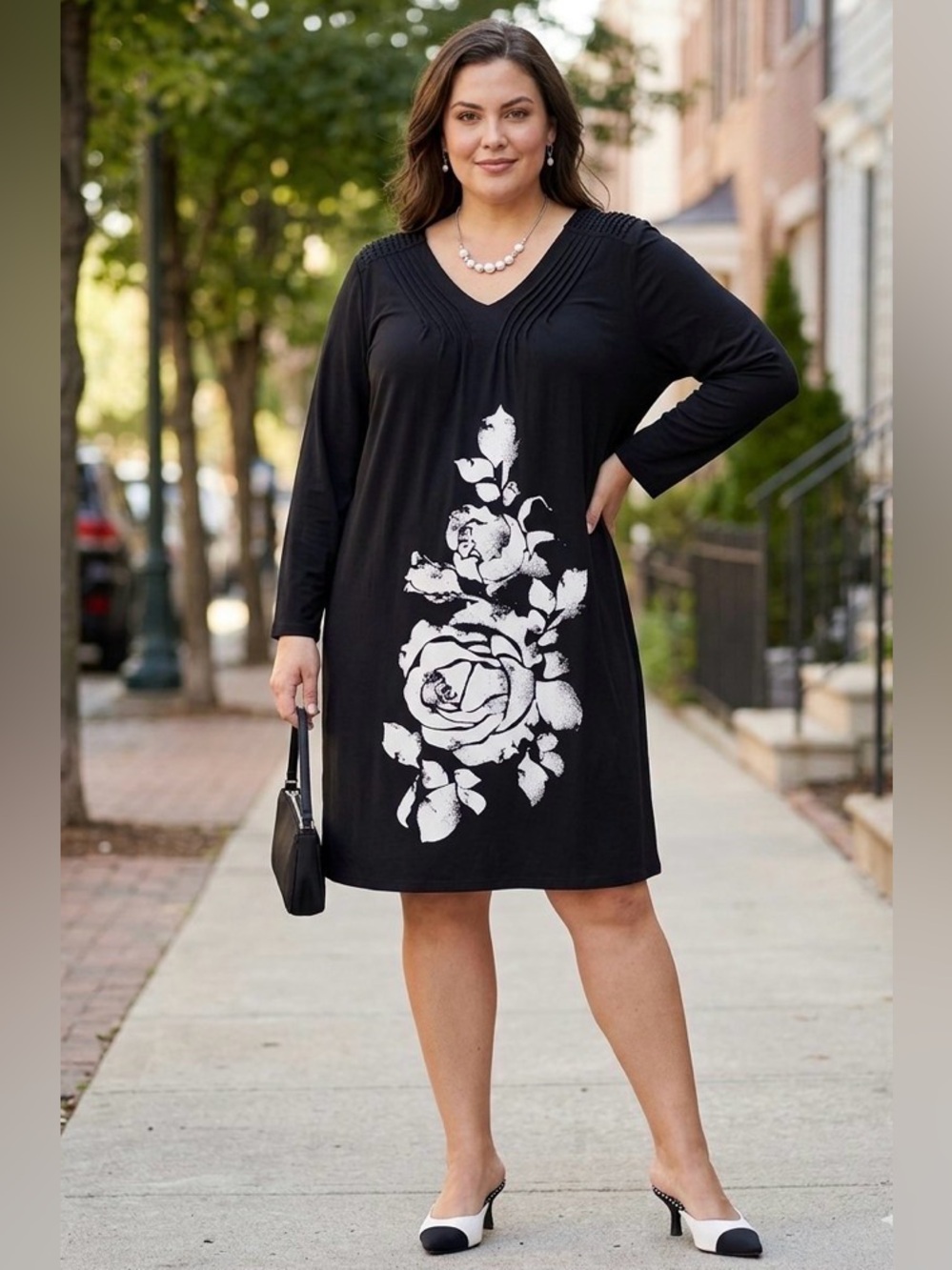 Cocomo Black Long-Sleeve Dress with White Rose Print